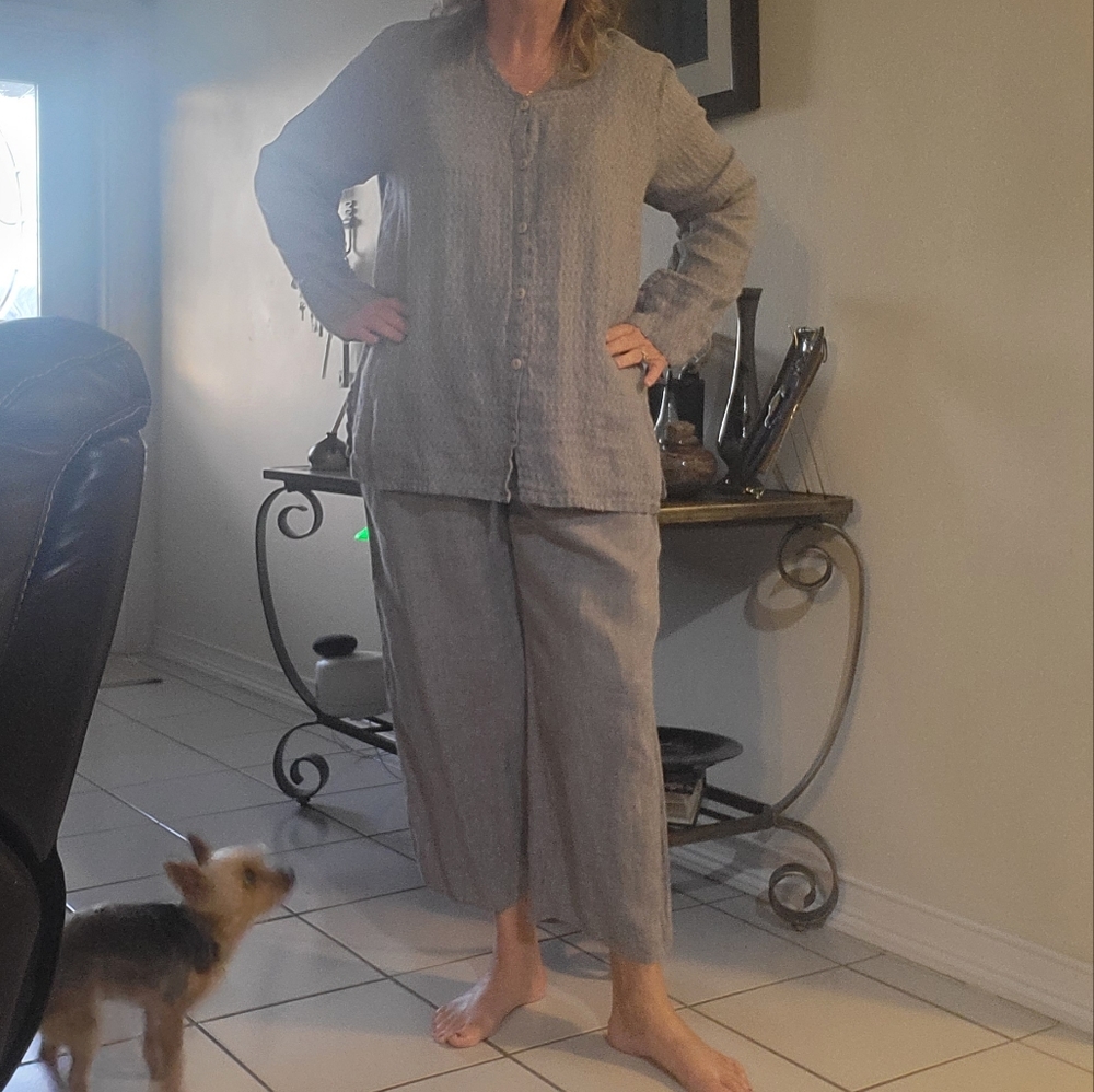 Flax Tunic Top & Wide Leg Ankle Crop Lagenlook Pant Set Medium